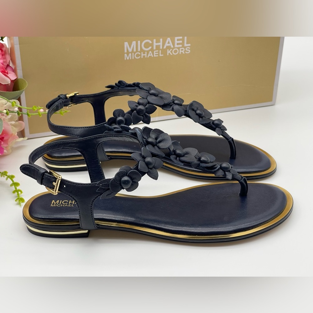 Michael Kors Thong Admiral Blue Leather Sandal Floral Accents - Picture 7 of 16